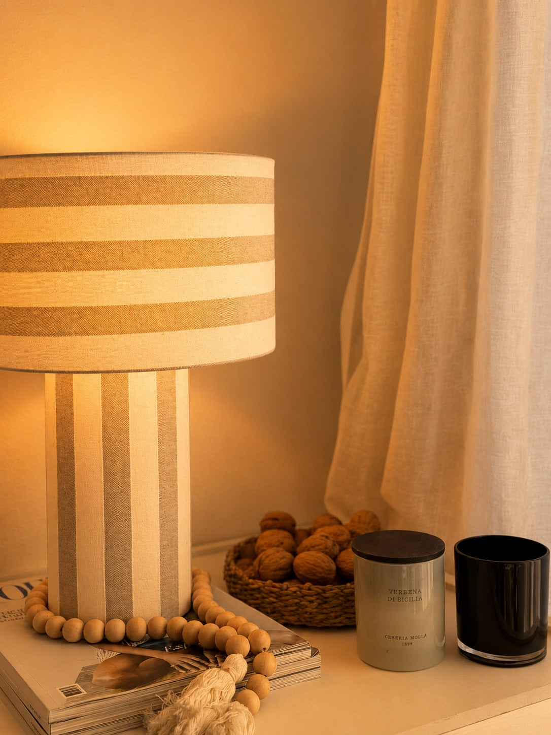 Lámpara cilíndrica mediana - Rayas Beige Gruesa